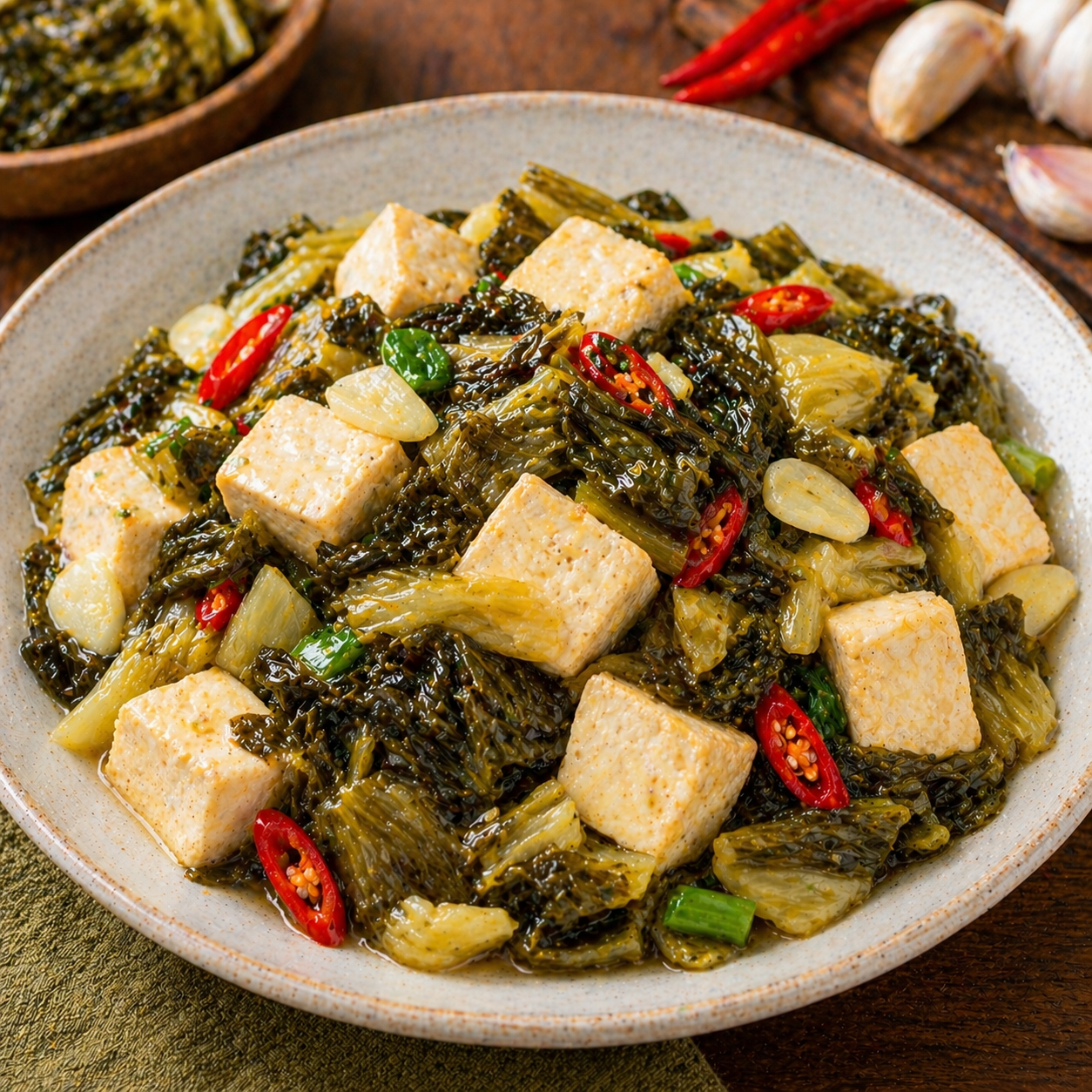 Tumis Sawi Asin Tahu Kedai Tiga Nyonya